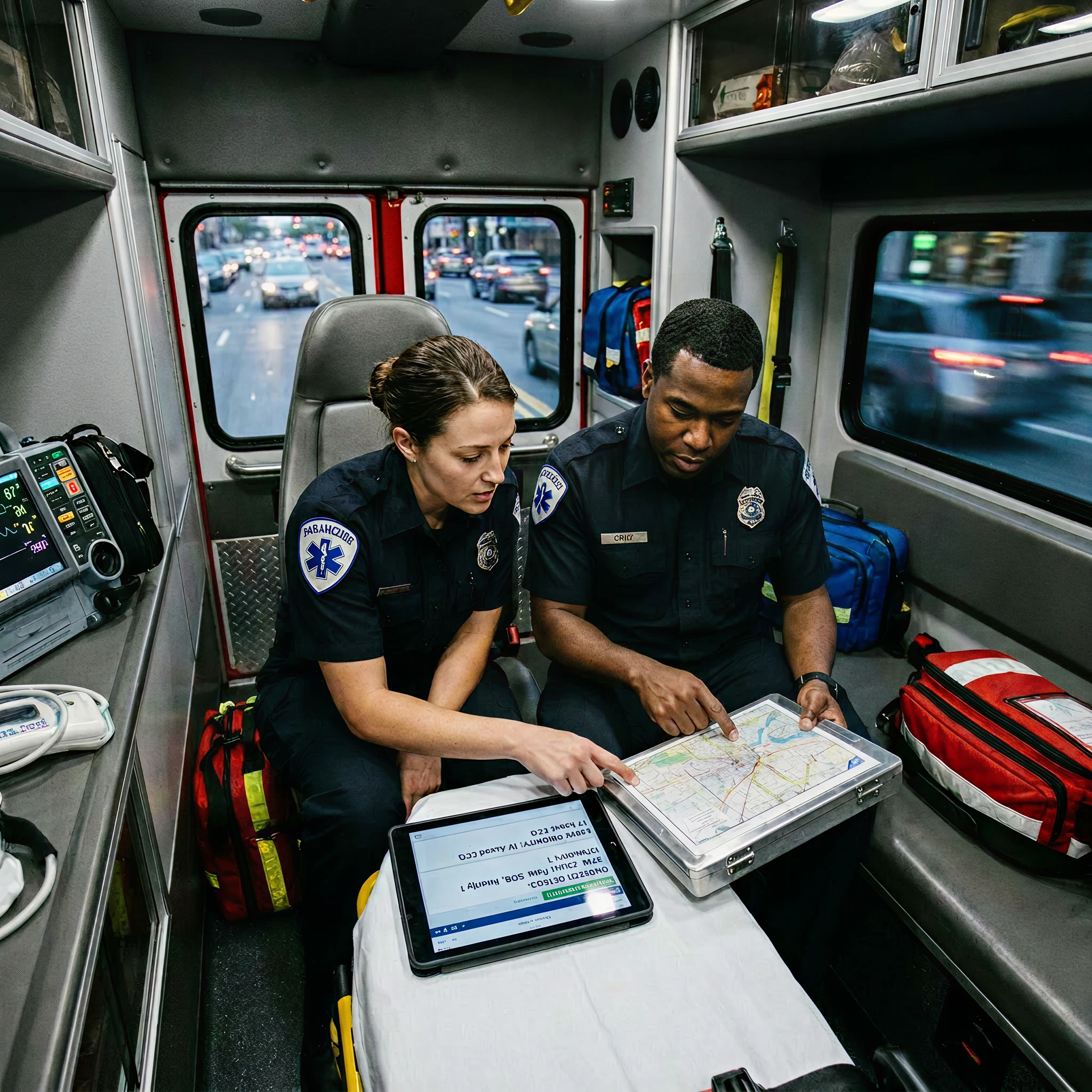 EMS team reviewing route information