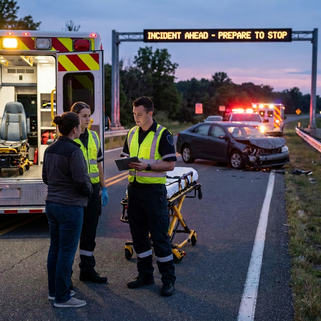 EMS team communicating near an ambulance